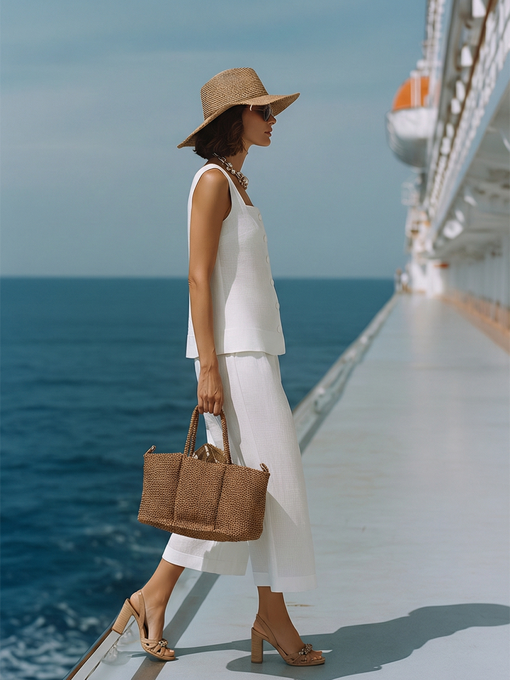 Timeless White Cotton-Linen Square Neck Top with Matching Capri Pants Set