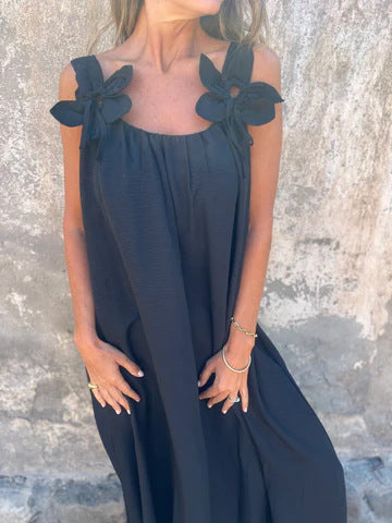 Floral Pattern Women's Dress with U-Shaped Neckline in Solid Color