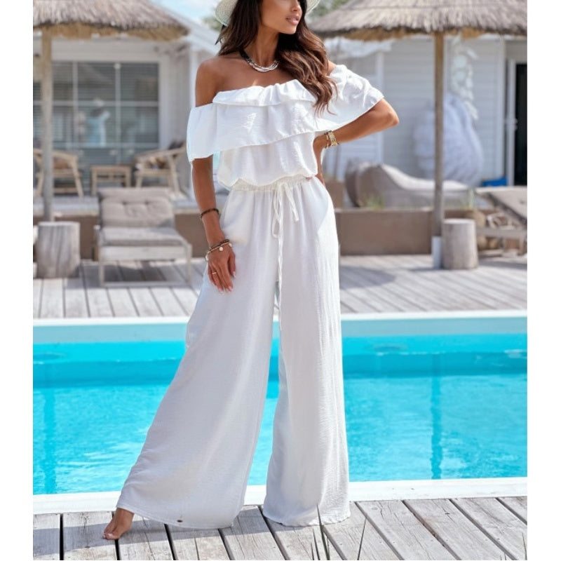 Women's Off-Shoulder Wide-Leg Jumpsuit with Ruffle and Drawstring
