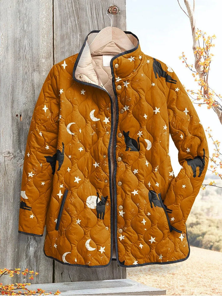 Women's Relaxed Night Sky Cat Print Quilted Jacket