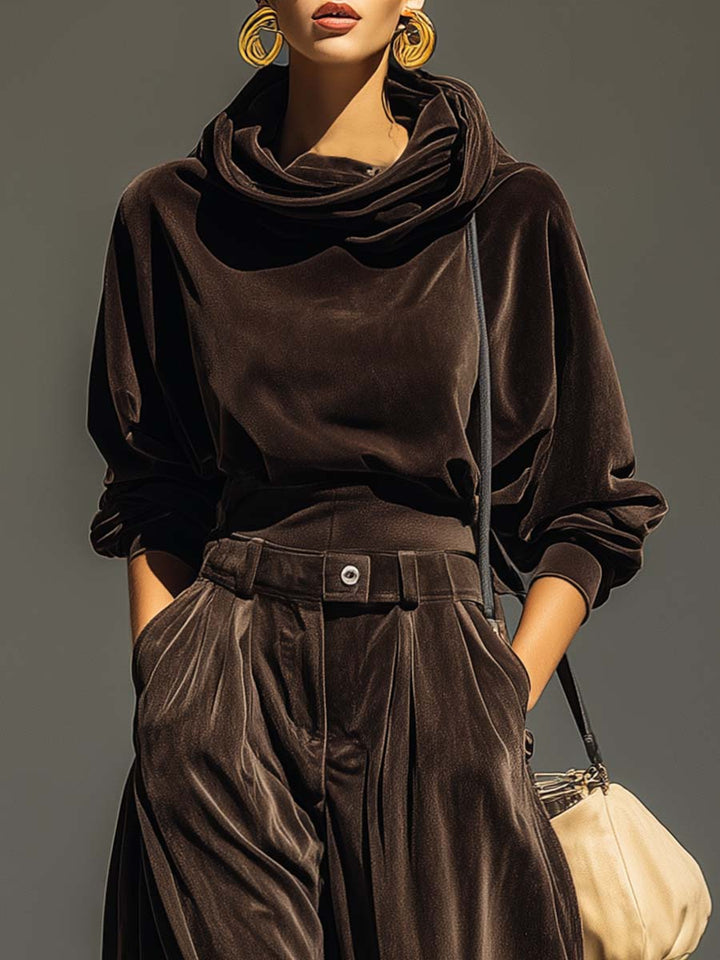 Retro Brown Velvet Hoodie and Relaxed Trousers Set (Belt Included)