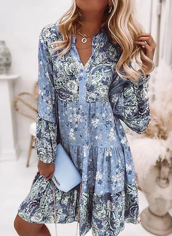 V-Neck Floral A-Line Dress with 3/4 Sleeves, Above Knee Length