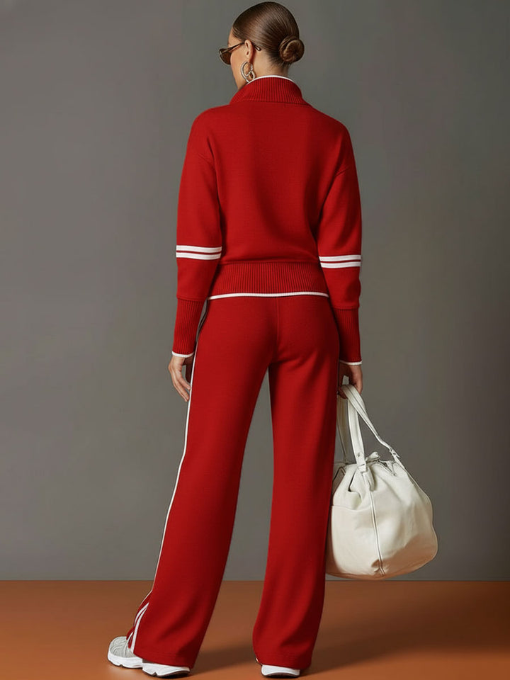 Vintage-Inspired Grey and White Half-Zip Sweatshirt with Wide-Leg Trousers Set
