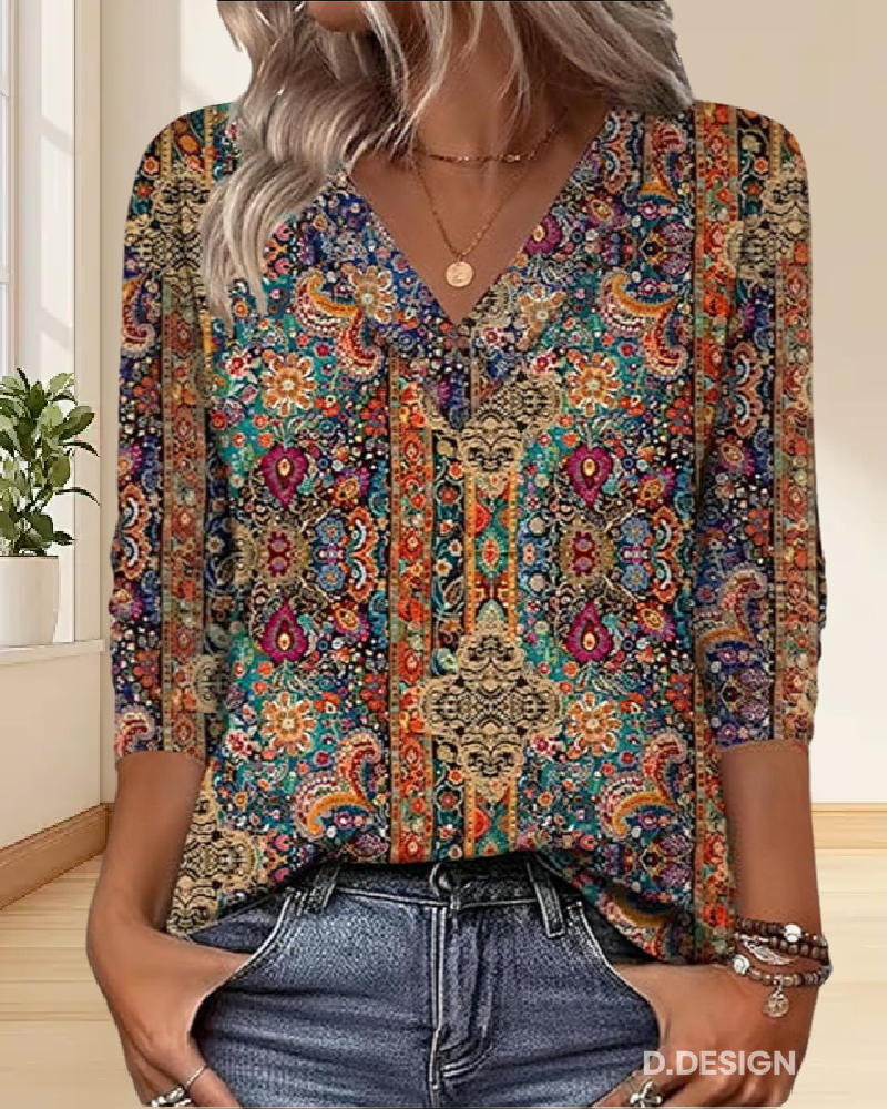 Emilia™ - Retro Printed V-Neck Blouse