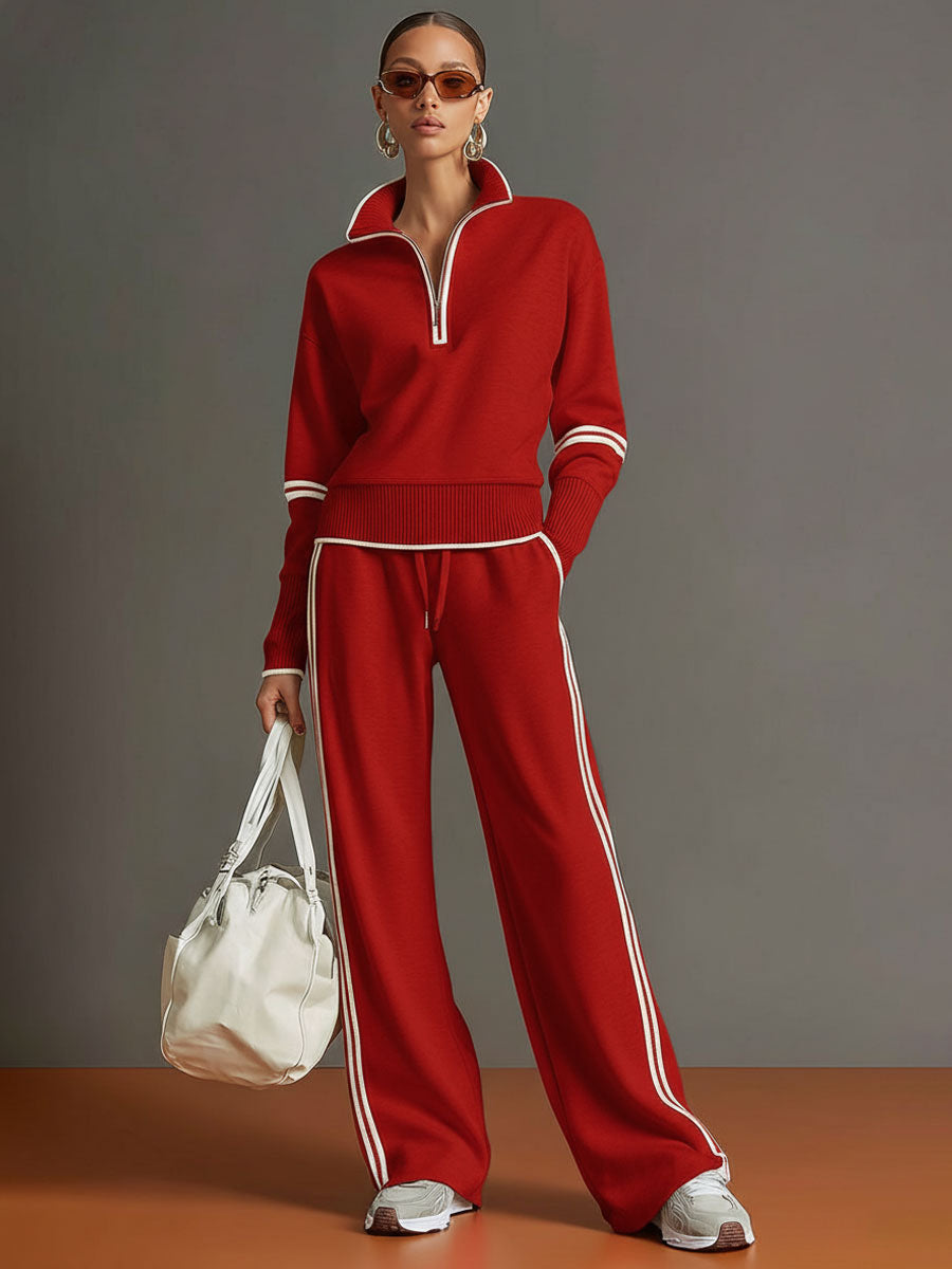 Vintage-Inspired Grey and White Half-Zip Sweatshirt with Wide-Leg Trousers Set