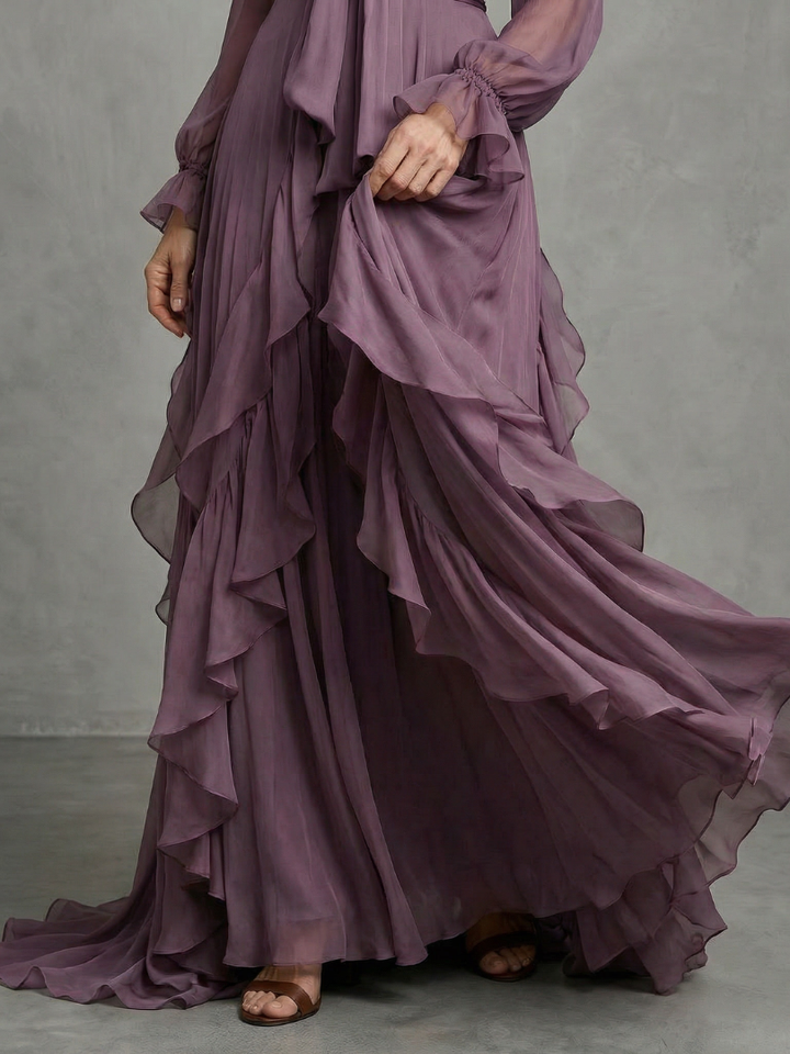 Demetria | Women's Tie Neck Ruffle Tiered Maxi Dress