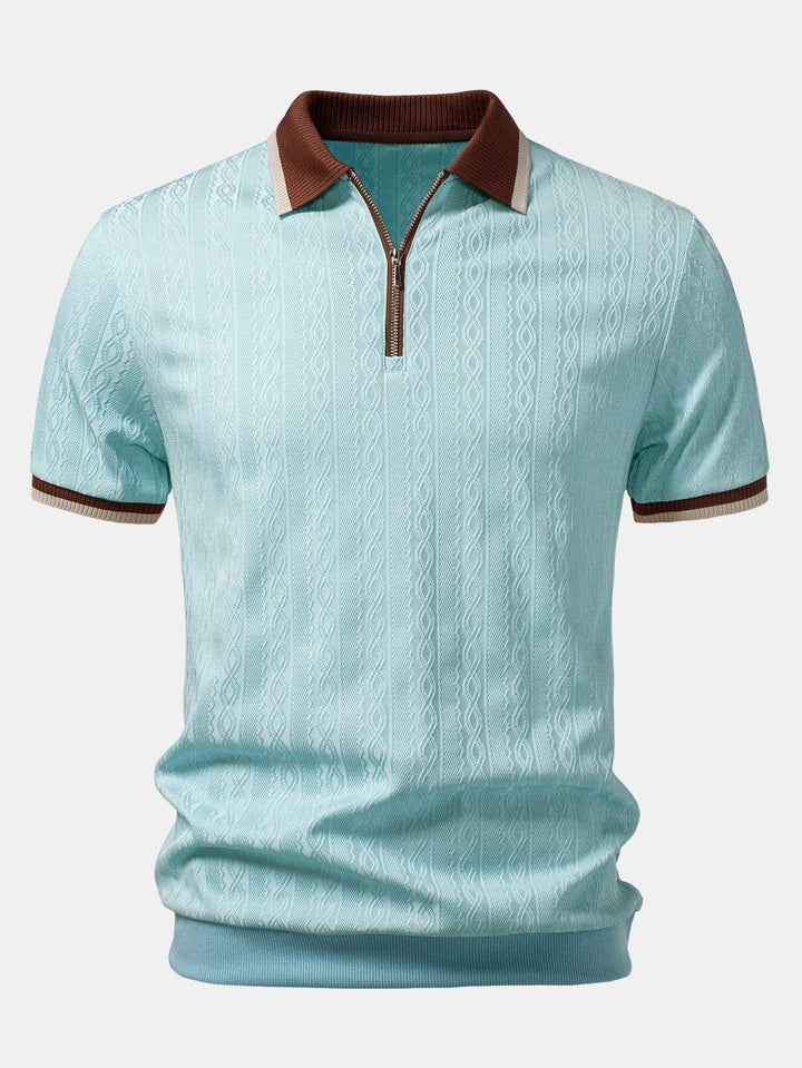 Textured Knit Polo with Contrast Trim and Zipper