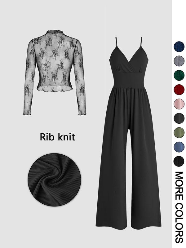 MARYAM™ - Solid Color Lace Top & Pocket Jumpsuit Ensemble