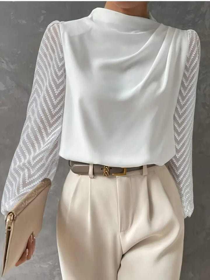 Samanta® | Blouse Featuring Illusion Sleeves and Ruched Mocha Neckline