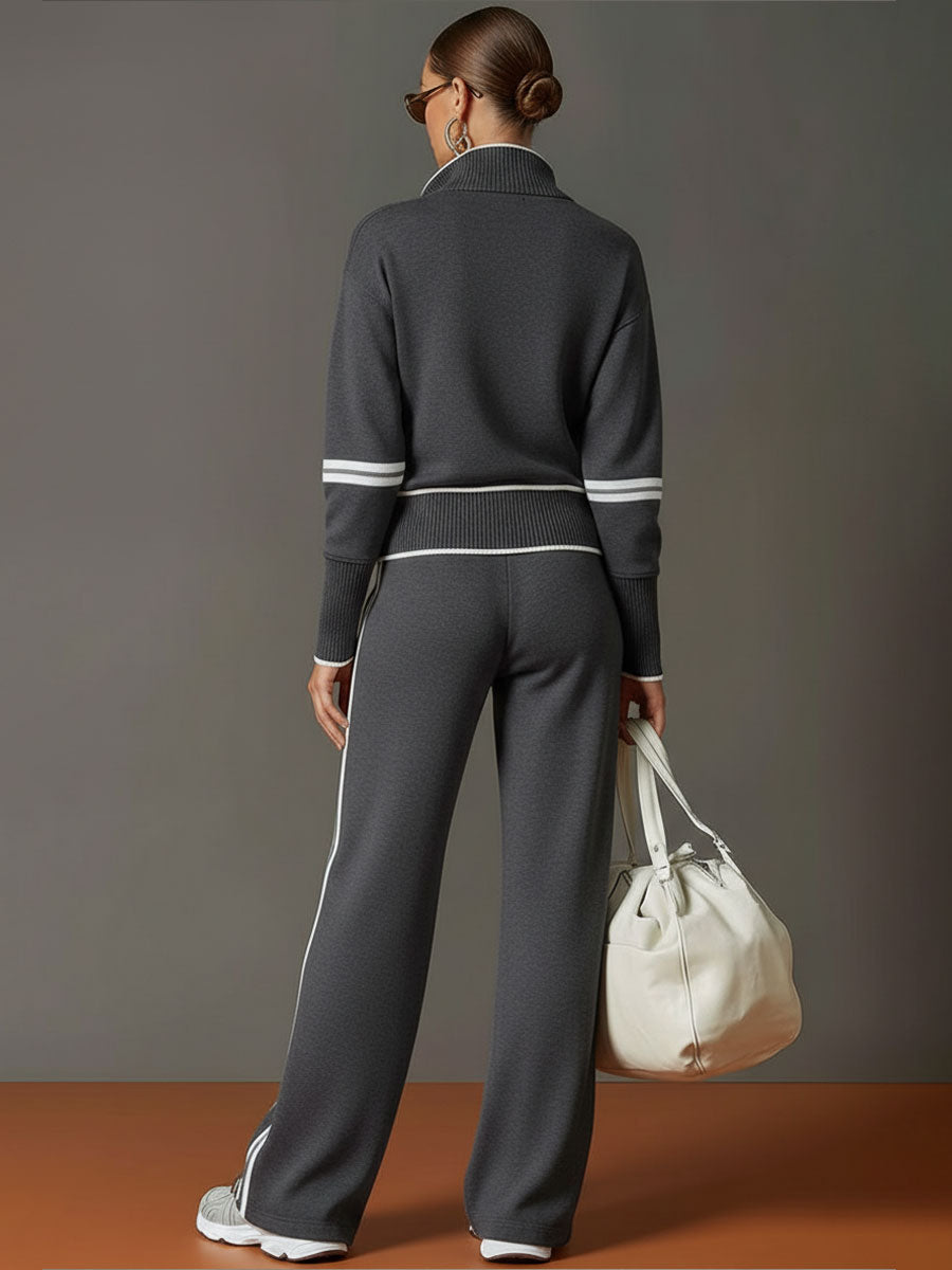Vintage-Inspired Grey and White Half-Zip Sweatshirt with Wide-Leg Trousers Set