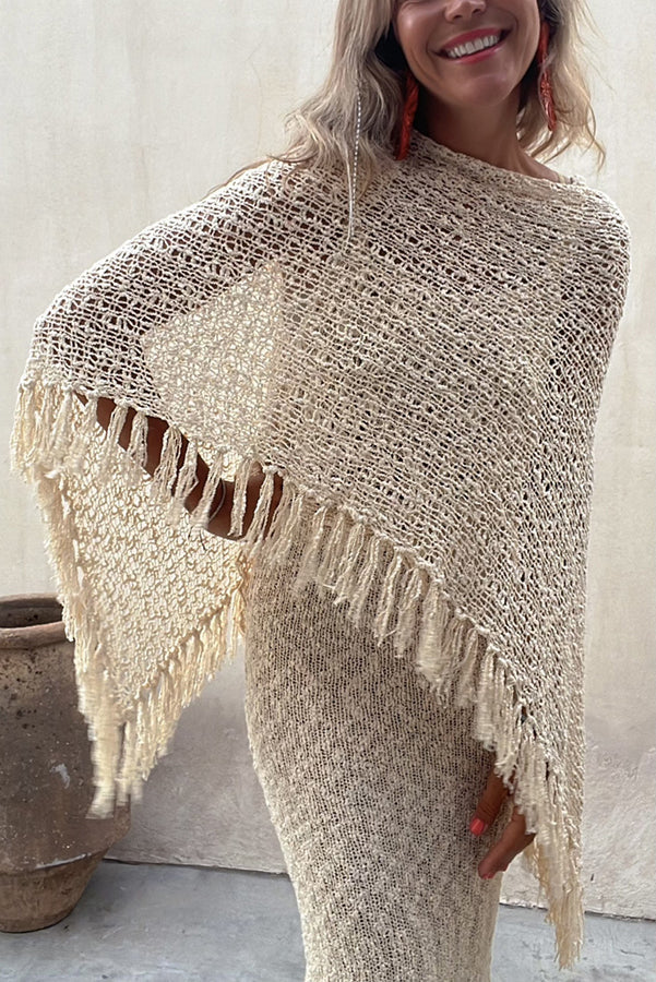 Sunset Breeze Tassel Knit Cover-Up with Hollow-Out Design
