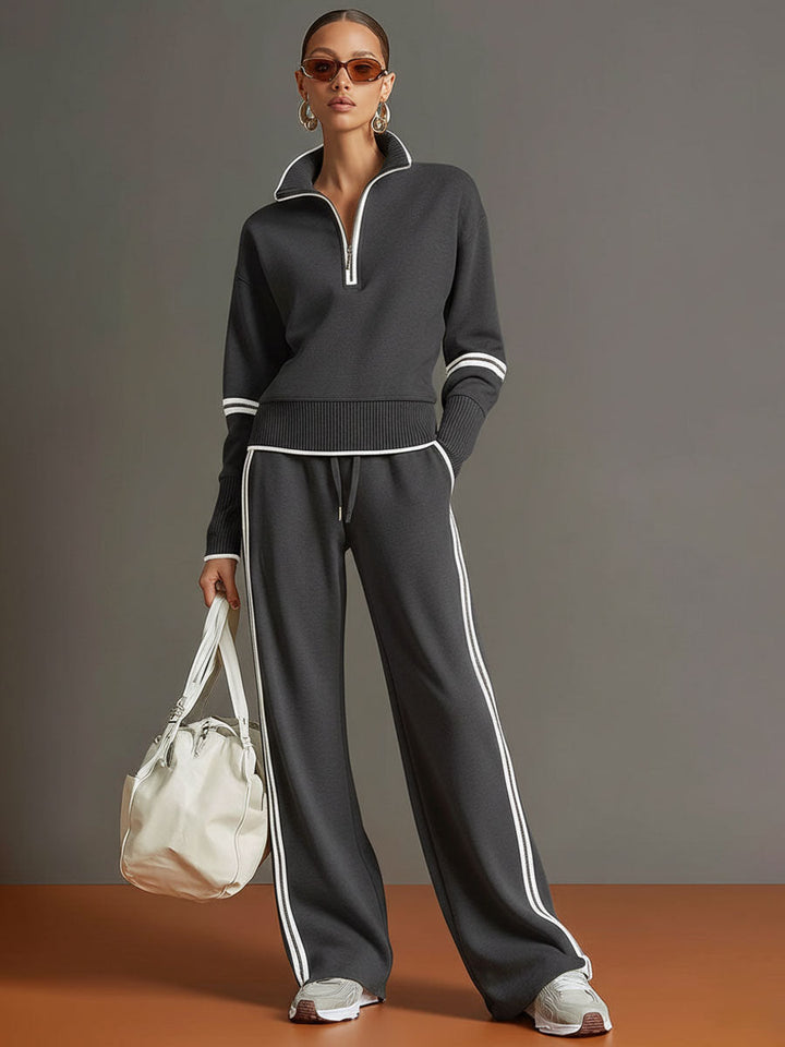 Vintage-Inspired Grey and White Half-Zip Sweatshirt with Wide-Leg Trousers Set