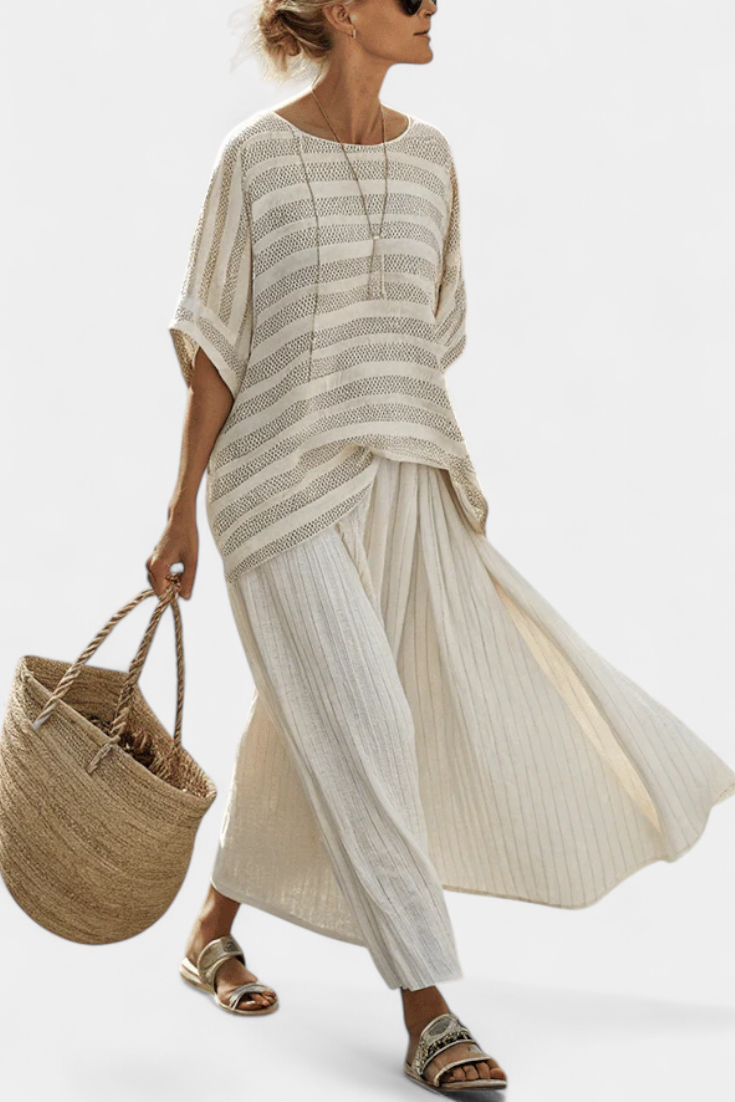 Graziella – natural bamboo striped top and fluid linen trousers