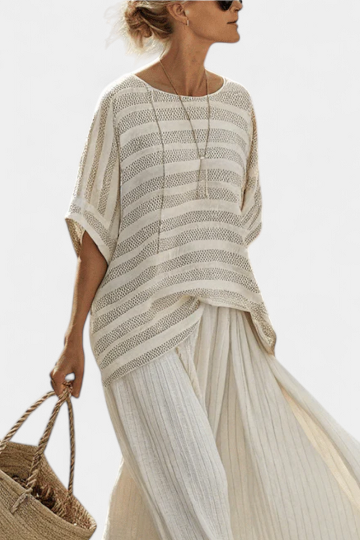 Graziella – natural bamboo striped top and fluid linen trousers