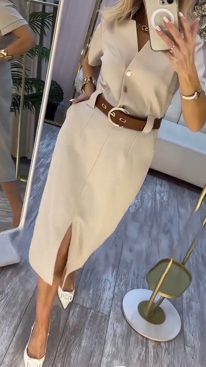 Women's Short Sleeve Midi Dress with Side Slit and Buttons