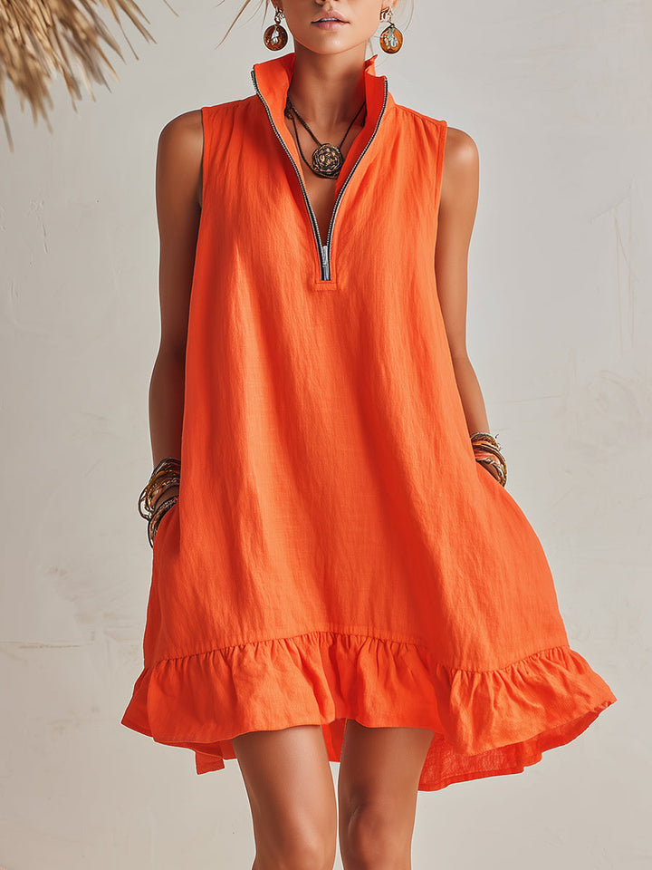 Bright Orange Linen Half-Zip Mini Dress with Ruffled Hem and Stand-Up Collar