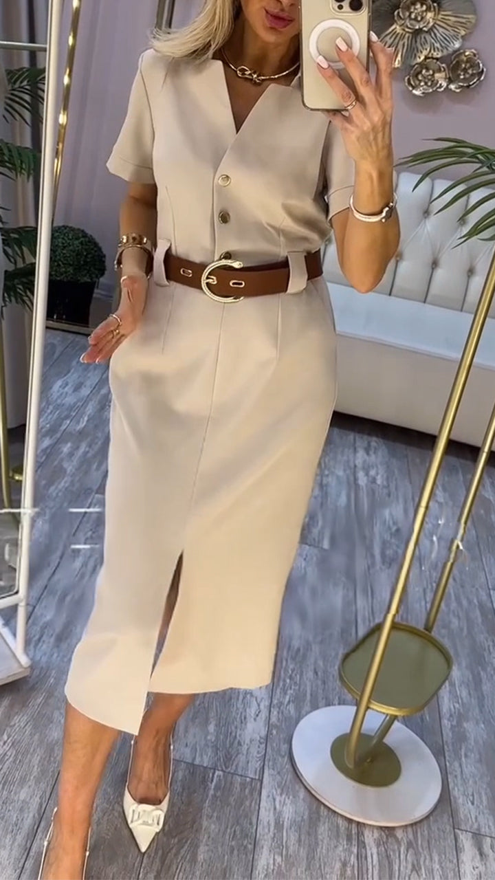Women's Short Sleeve Midi Dress with Side Slit and Buttons