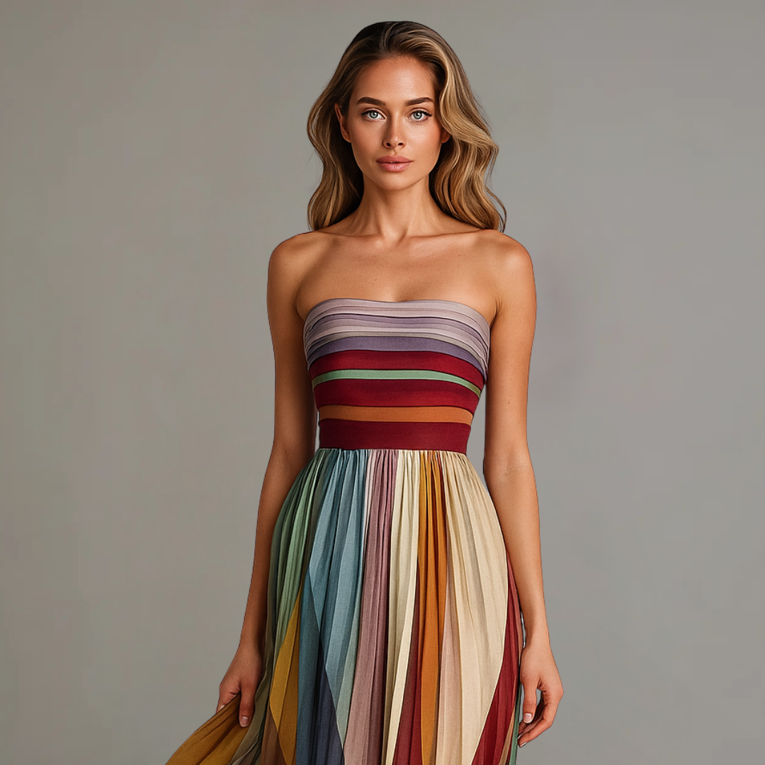 Judith™ | Women's Colorful Pleated Strapless Maxi Dress for Summer