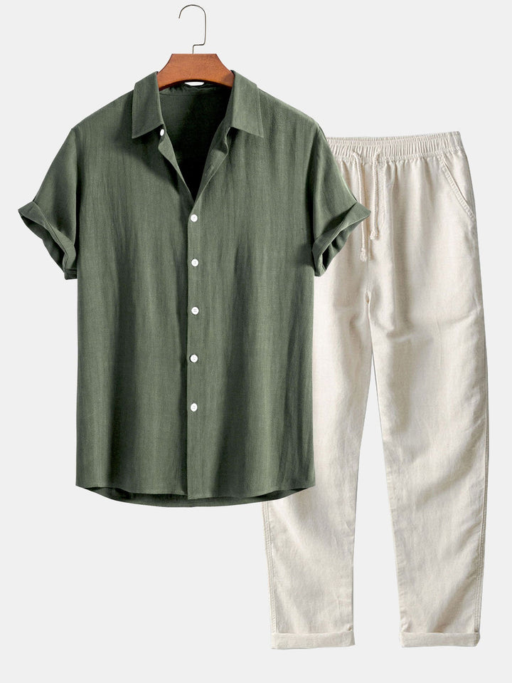 Button-Up Shirt and Straight Leg Trousers in Linen Rayon Blend