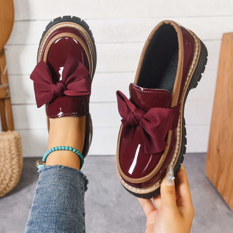 Shiny Green Bowknot Loafers with Chunky Cushioned Sole