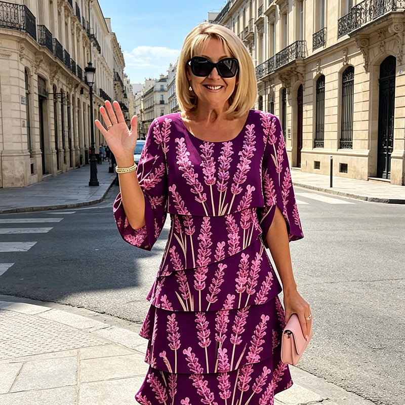 Elyvane™ - Women's Floral Ruffled Dress with Mid-Length and Split Sleeves