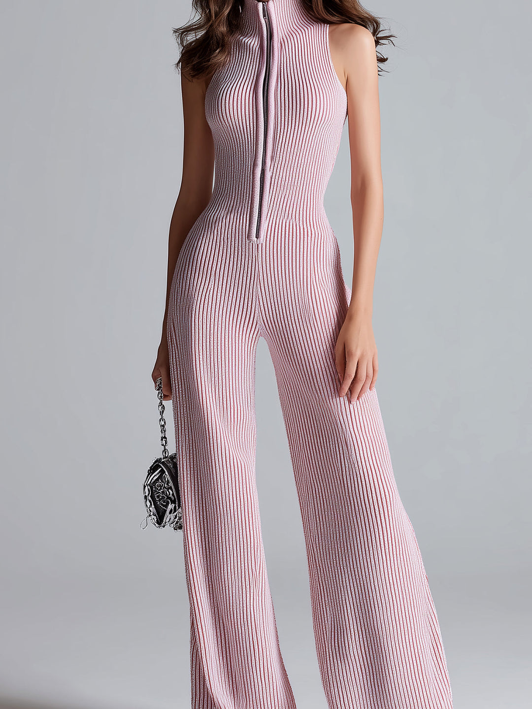 ElevenOra Stylish Pink Sleeveless Jumpsuit with Stand Collar, Zipper Front, Tailored Waist, and Wide Leg Ribbed Knit Design