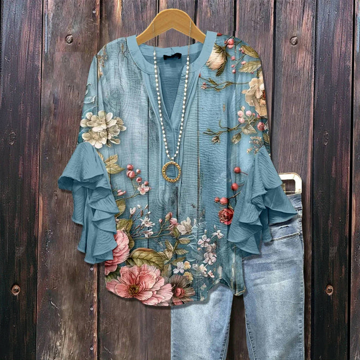 Luella™ - Vintage Floral Ruffle-Sleeve Blouse