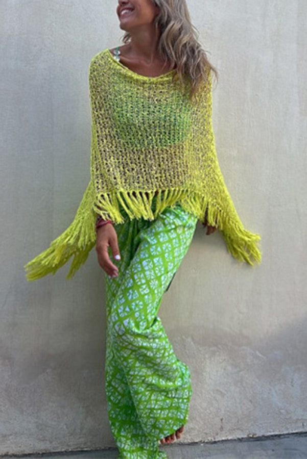 Sunset Breeze Tassel Knit Cover-Up with Hollow-Out Design