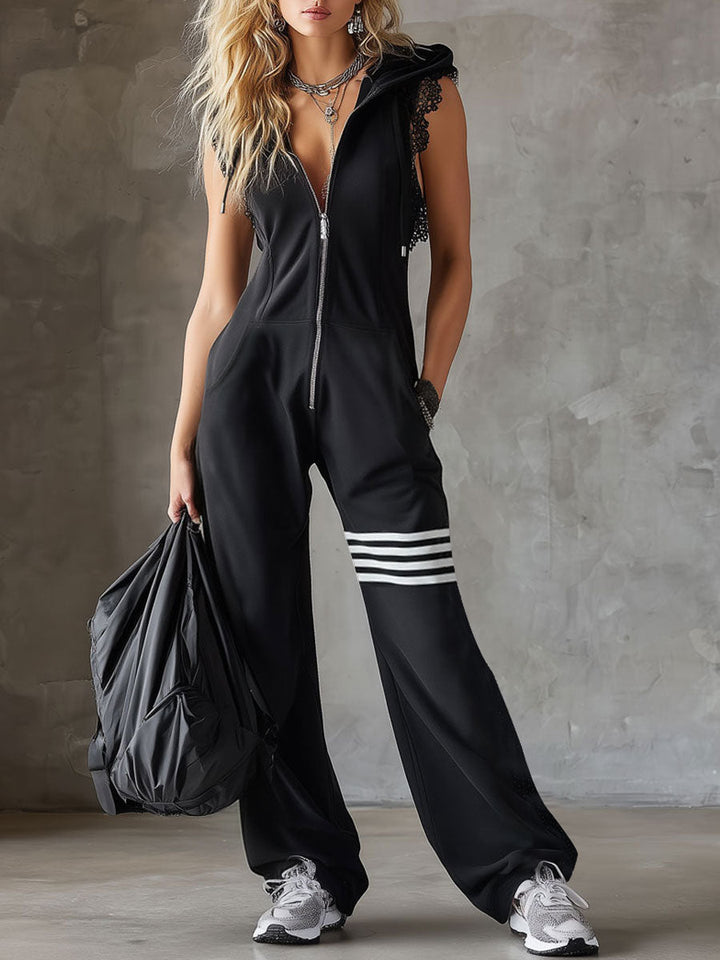 Retro-Inspired Black Sleeveless Hooded Jumpsuit with Sporty Lace Stripes
