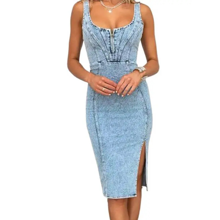 TATIANA™ – Sleek Denim Midi Dress with Side Slits
