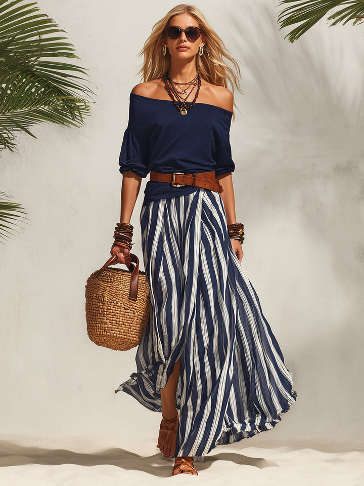 Navy Blue Off-the-Shoulder Nautical Top with Striped Chiffon Slit Skirt Set