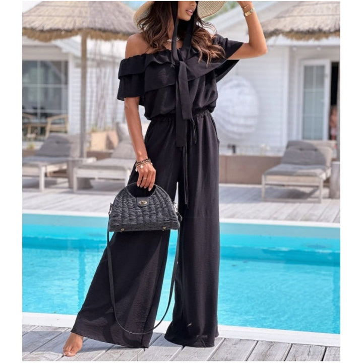 Women's Off-Shoulder Wide-Leg Jumpsuit with Ruffle and Drawstring