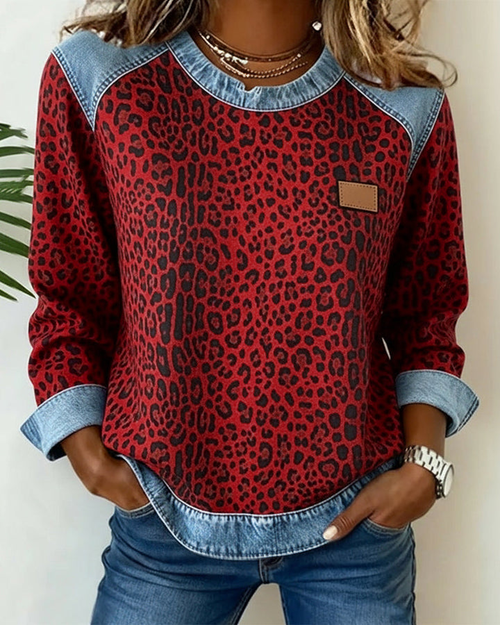 Leopard Print Denim Patchwork Sweater