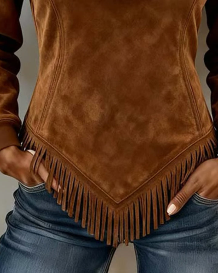 Half-Zip Collar Sweatshirt with Asymmetric Design and Fringe Accents