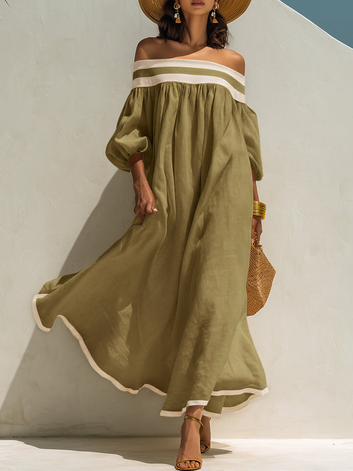 Beige Off-the-Shoulder Maxi Dress with Relaxed Fit and Color-Block Design
