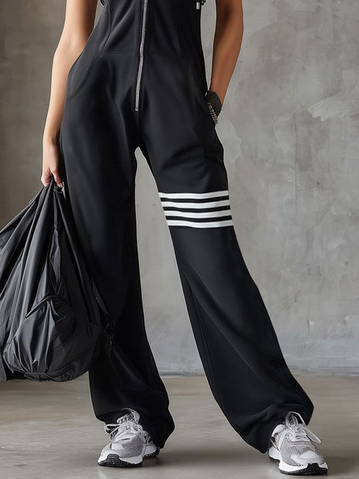 Retro-Inspired Black Sleeveless Hooded Jumpsuit with Sporty Lace Stripes