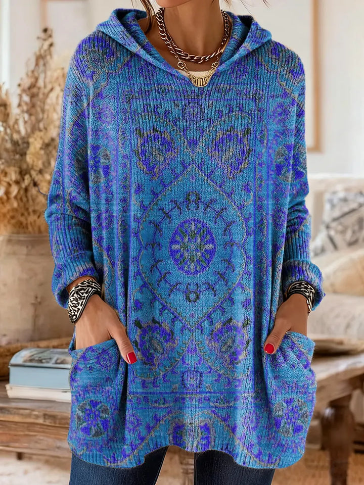 Women's Vintage-Inspired Hooded Tunic with Pockets and Ethnic Print