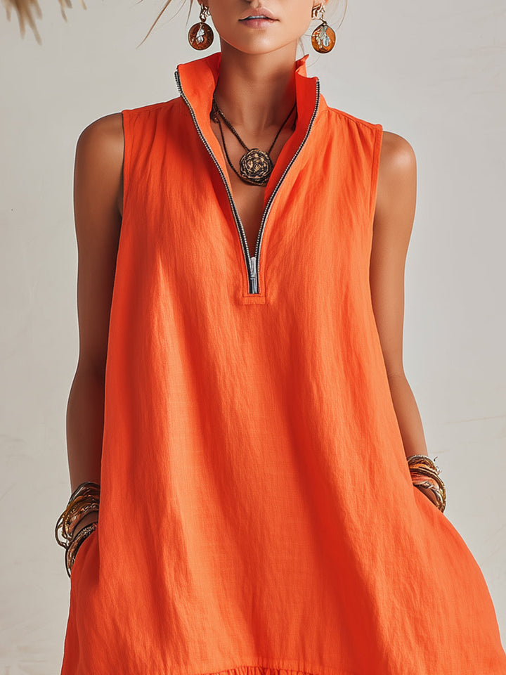 Bright Orange Linen Half-Zip Mini Dress with Ruffled Hem and Stand-Up Collar