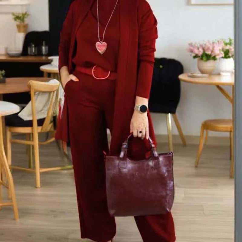 Chic 3-Piece Ensemble: Long Cardigan, Top, and Trousers
