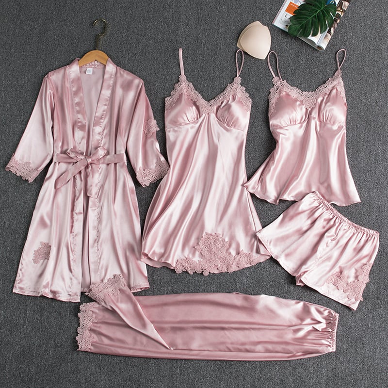 Elegant Women's Ice Silk Nightdress Set - 5 Pieces