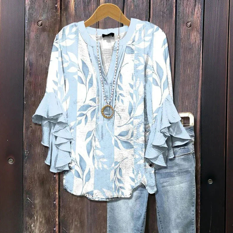 Leena™ - Vintage Floral Ruffle-Sleeve Blouse