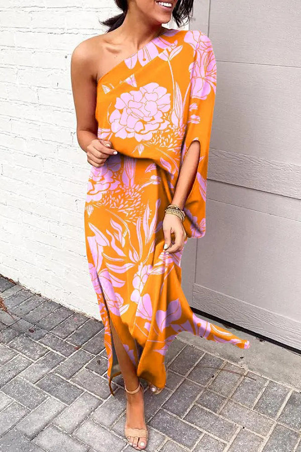 Rosie One-Shoulder Maxi Dress with Printed Design and Split Hem