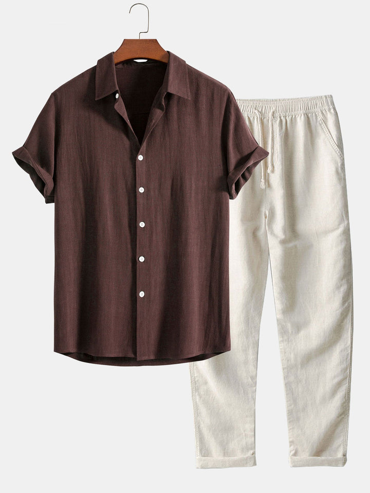 Button-Up Shirt and Straight Leg Trousers in Linen Rayon Blend
