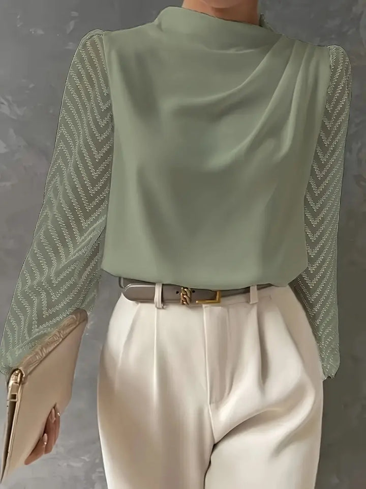 Samanta® | Blouse Featuring Illusion Sleeves and Ruched Mocha Neckline