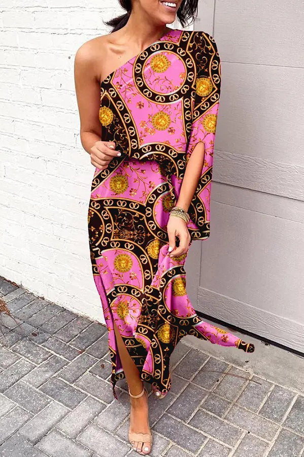 Rosie One-Shoulder Maxi Dress with Printed Design and Split Hem