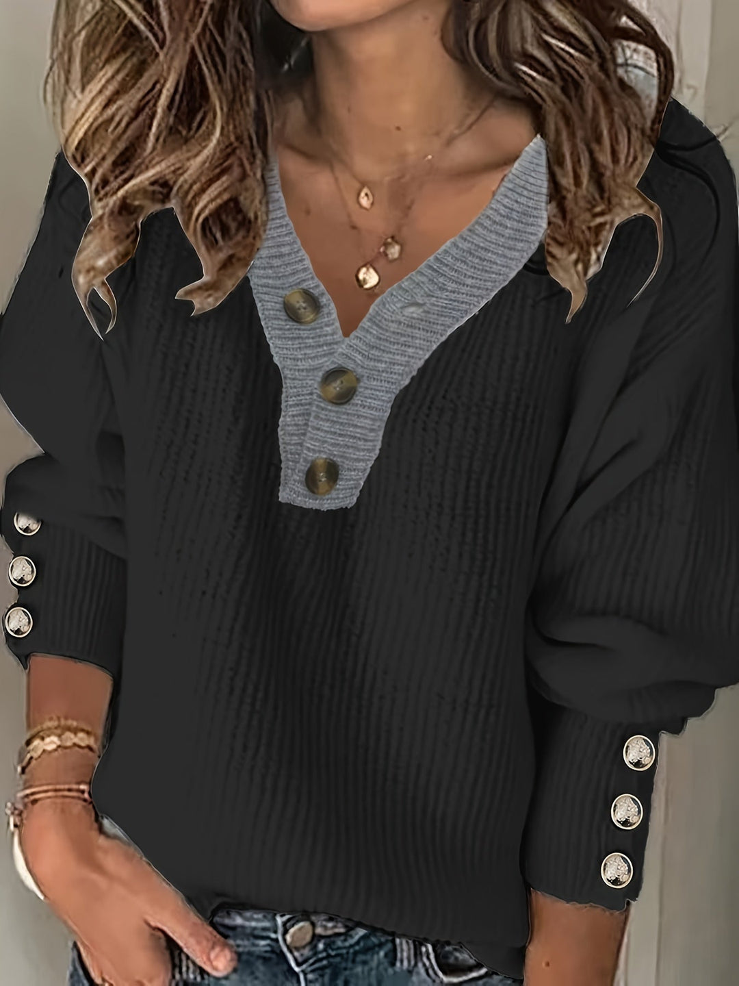 Aubrey™ - Cozy V-Neck Button-Front Sweater
