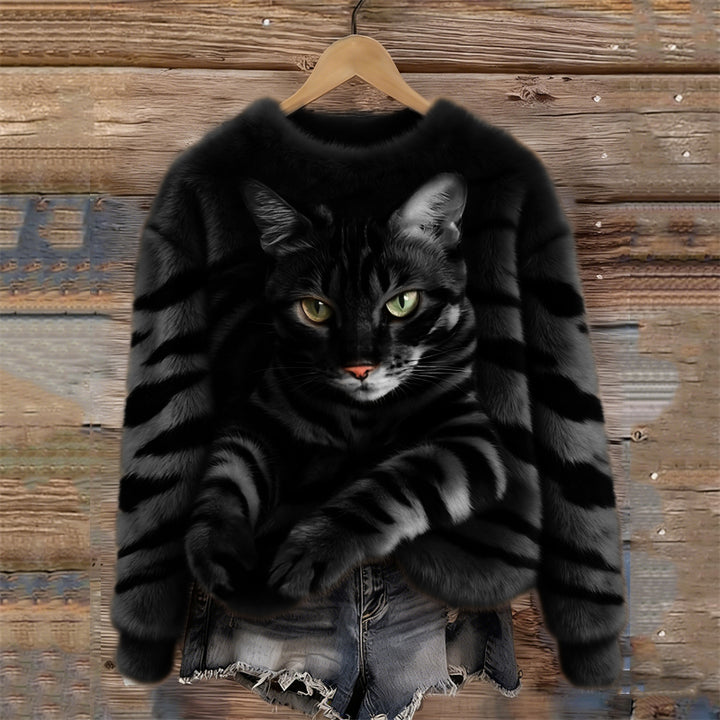 Women's Snug Plush Sweatshirt Featuring a Tiger and Tabby Kitten Design