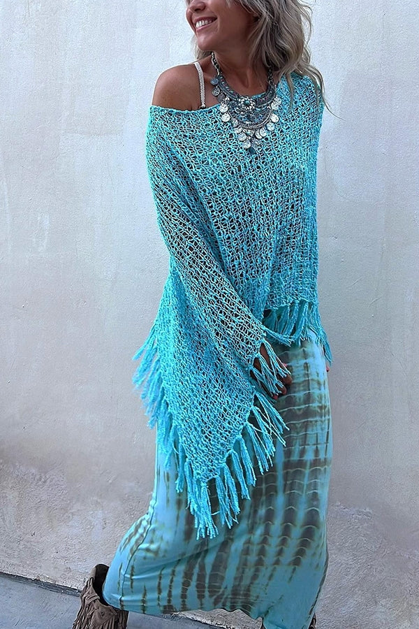 Sunset Breeze Tassel Knit Cover-Up with Hollow-Out Design