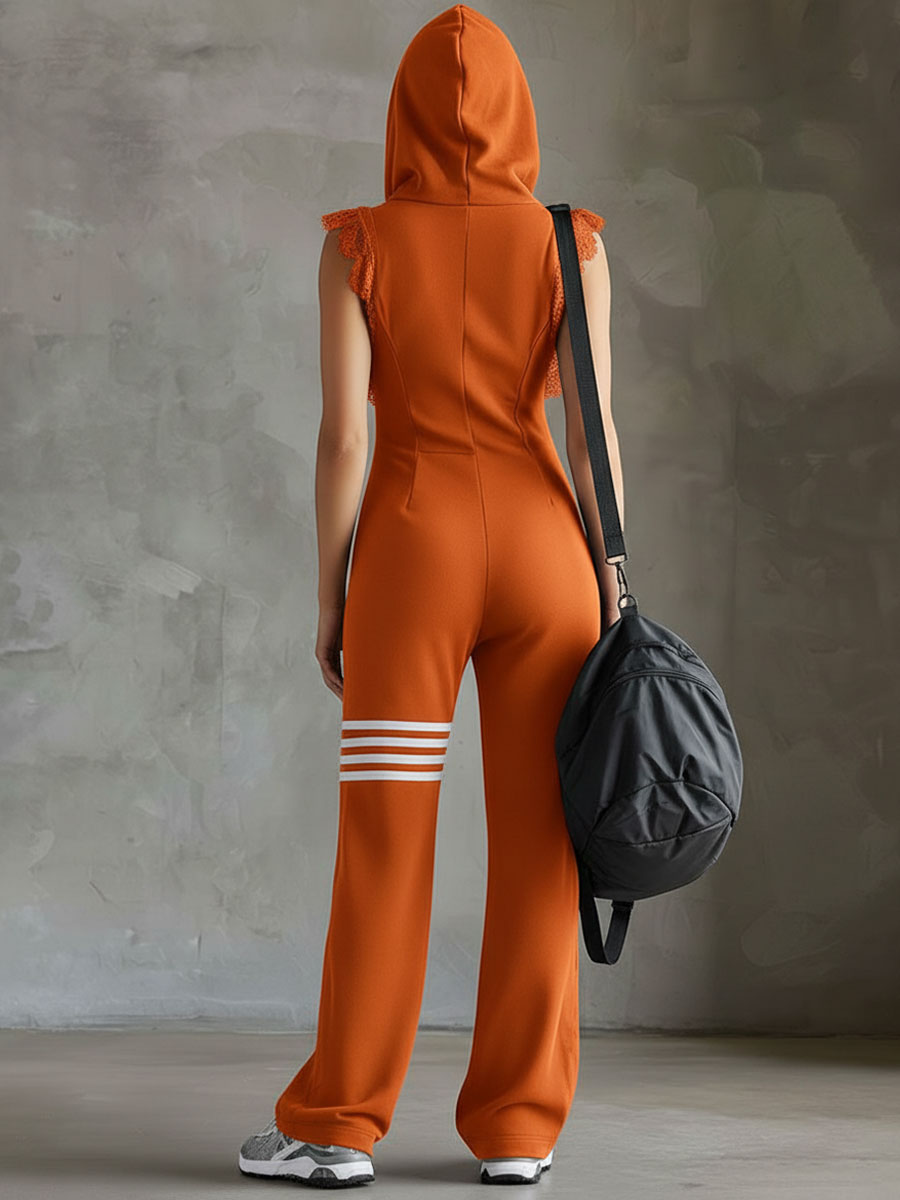 Retro-Inspired Black Sleeveless Hooded Jumpsuit with Sporty Lace Stripes