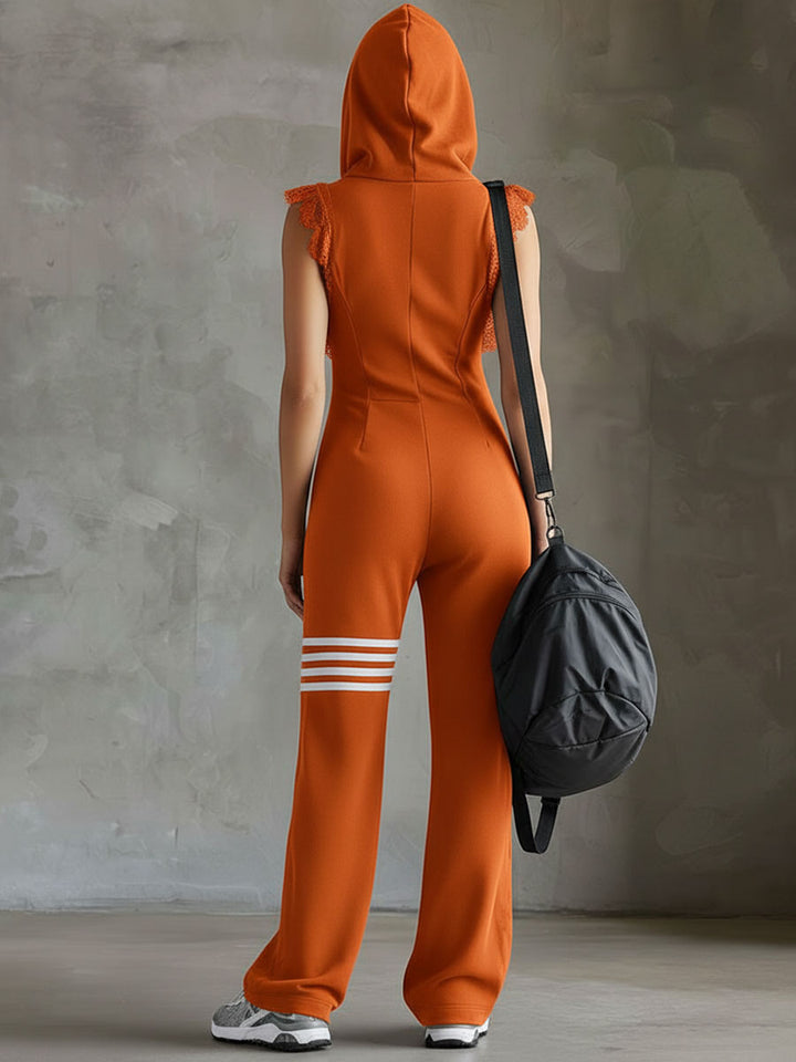 Retro-Inspired Black Sleeveless Hooded Jumpsuit with Sporty Lace Stripes